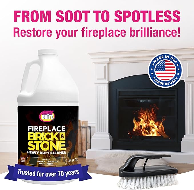 Quick 'n Brite Fireplace Brick and Stone Cleaner 64oz - Natural Stone Tile and Marble Cleaner with Scrub Brush - Indoor Fireplace and Wood Stove Cleaning Kit - Pellet Stove Creosote Remover