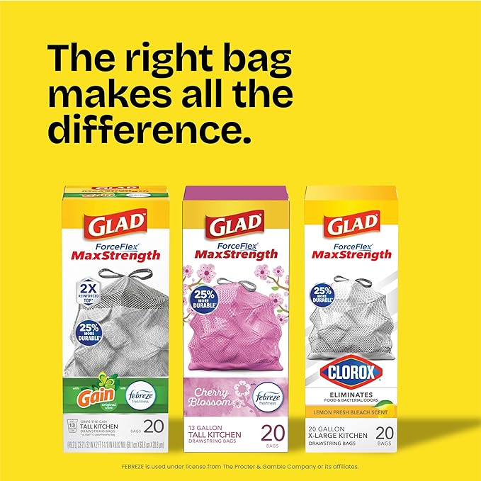 Glad ForceFlex MaxStrength Drawstring XL Kitchen Trash Bags 20 Gal Gain 80 Ct (Package May Vary)