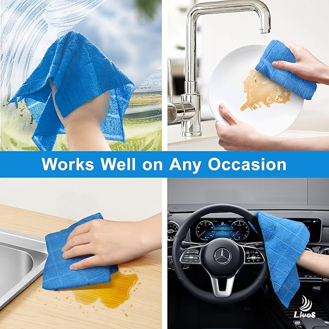 LIVOS Microfiber Cleaning Cloth Roll - 80 Pack Reusable Paper Towels Microfiber Towels for Cars Super Absorbent Lint Free Cleaning Rags for House Kitchen Window-Check Blue 11.5x11.5