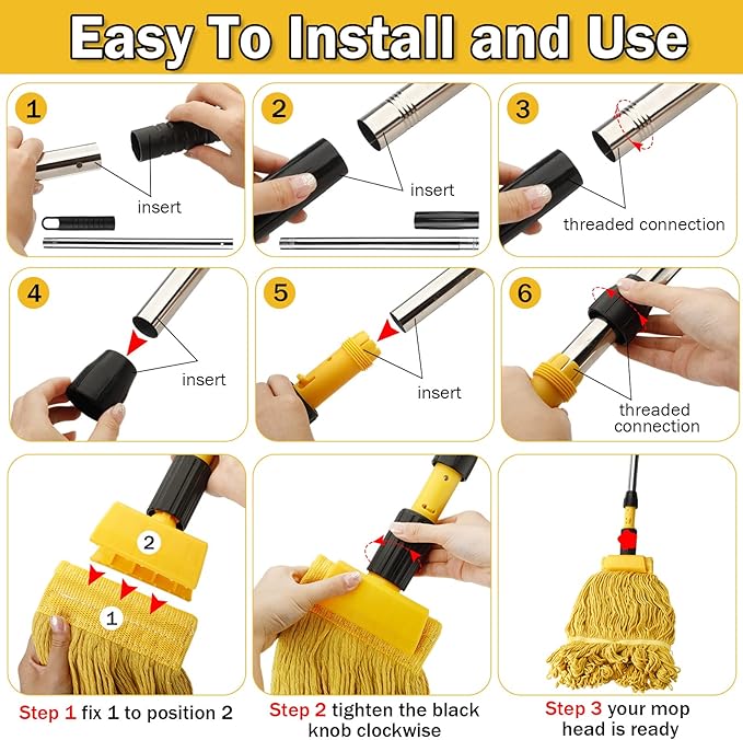 Gejoy 2 Sets Looped End Commercial Mop Heavy Duty Industrial Mop with 4 Mop Replacement Heads Stainless Steel Pole Iron Clamp Cotton Mops for Floor Cleaning Dust Wood Floor Kitchen Blue Yellow