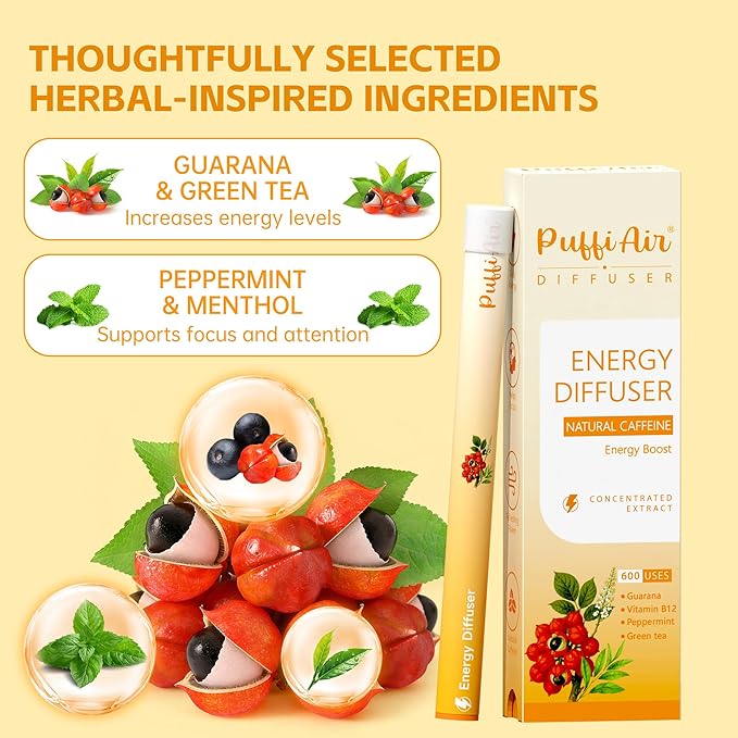 Herbal Diffuser Pen Energy Diffuser with Guarana Green Tea Extract VB12 Peppermint &amp Menthol for Energy Boost All Natural Swap - 600 Uses 2 Diffusers 1 Pack