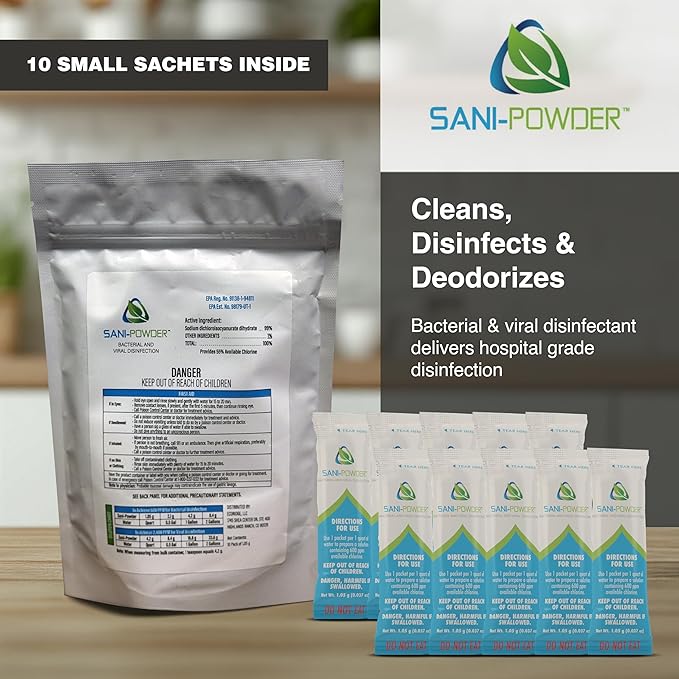 The Tile Doctor Sani Powder Granulated Hypochlorous Acid - Professional Grade Surface Disinfectant - Natural HOCL Multi Surface Cleaner - For Home Office &amp Medical Locations – 1.05 grams (2 pack)