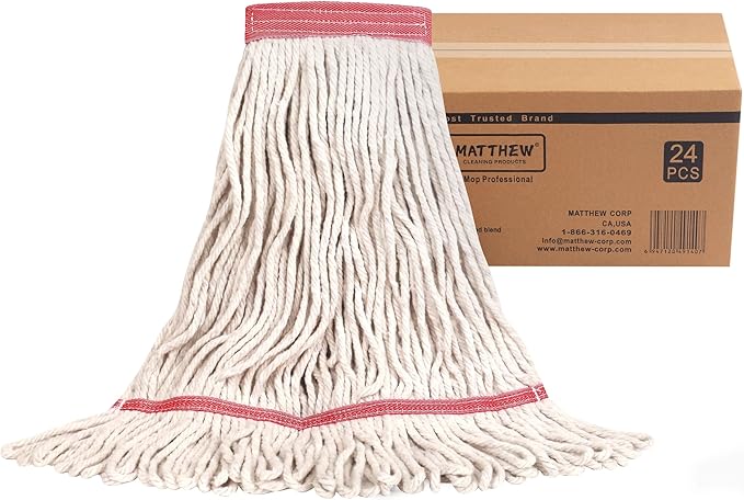 MATTHEW CLEANING Heavy Duty Mop Head Commercial Replacement for General and Floor Cleaning Wet Industrial Blue Cotton Looped End String Head Refill (Case of 24) White