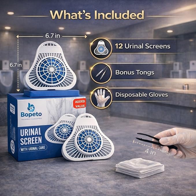 PREMIUM Urinal Screen Deodorizer-12 Pack LONG-LASTING (Up to 30 DAYS/3000 FLUSHES) ANTI SPLASH &amp ODOR CONTROL Urinal Cakes for Men Bathroom Ocean Breeze Scent with Gloves &amp Tongs