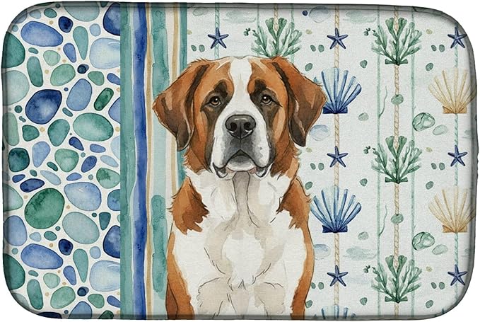 Caroline's Treasures Brown and White Saint Bernard Coastal Sea Glass Dish Drying Mat Absorbent Dish Drying Mat Pad for Kitchen Counter Dish Drainer Mat for Countertop 14 x 21 Multicolor
