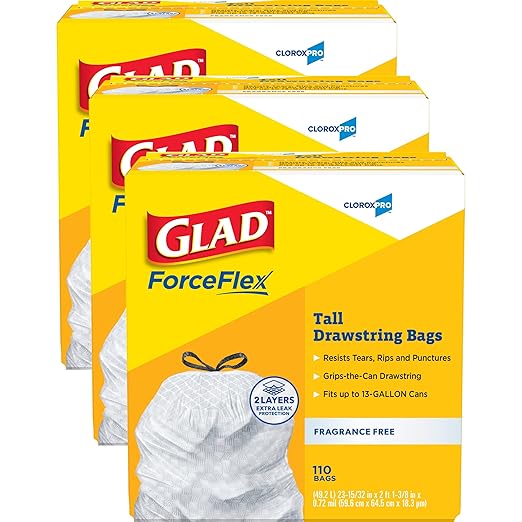 CloroxPro Glad Forceflex Kitchen Trash Bags 13 Gal Fragrance Free 110 Ct 3 Pack (Pack May Vary)