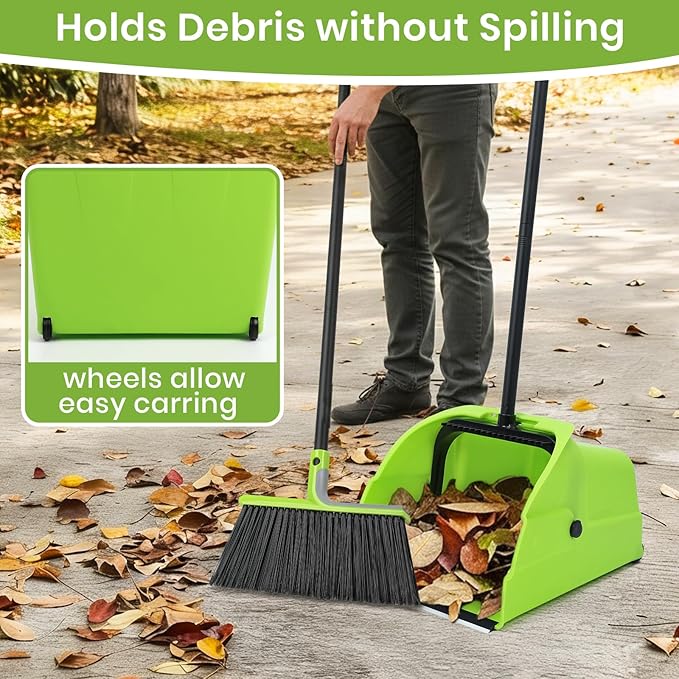 (3PK) Jumbo Commercial Broom and Dustpan Set with Large Standing Scoop Dustpan and Heavy Duty Broom Long Handle for Indoor/Outdoor Floor Cleaning Janitor Supplies