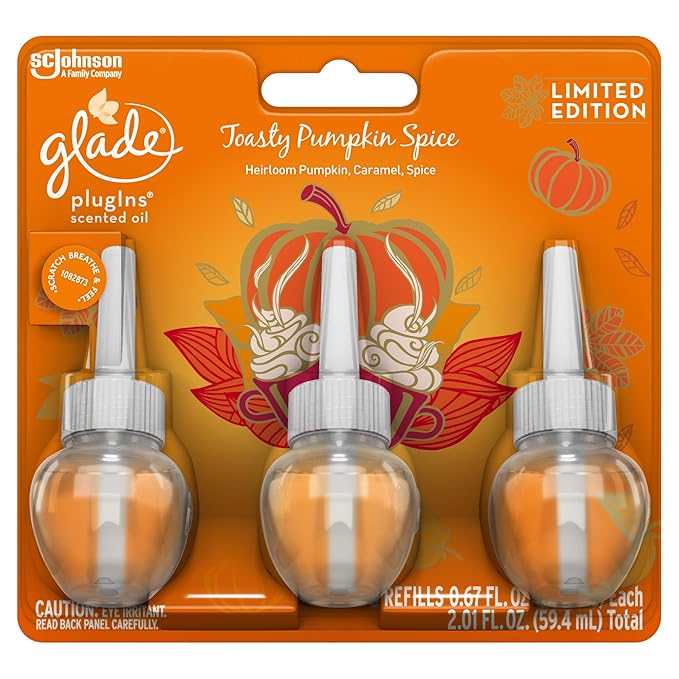 Glade PlugIns Refills Air Freshener Scented and Essential Oils for Home and Bathroom Toasty Pumpkin Spice 2.01 Fl Oz 3 Count