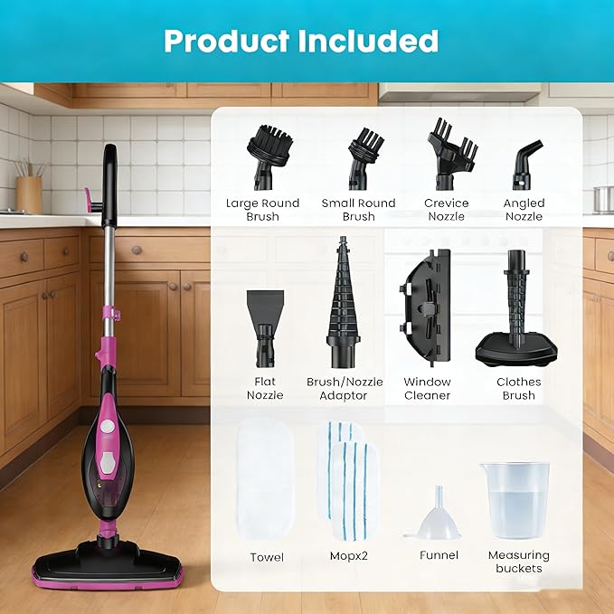 Simple Deluxe 10-in-1 Steam Mop 1550W Detachable Handheld Steam Cleaner with 16FT Cord &amp 2 Pads Multi-Surface Floor Steamer for Hardwood Tile Carpet Windows Pink