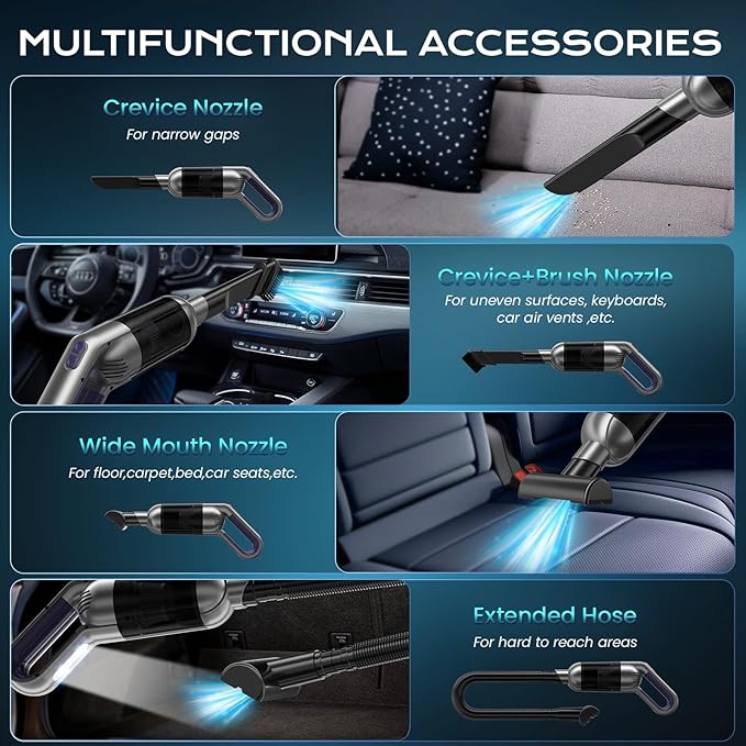 Cordless Handheld Vacuum Portable Car Vacuum with LED LightRechargeable Small Vacuum Cleaner with Powerful SuctionLightweight Vacuum Cleaner for Car Home Office Pet HairGrey
