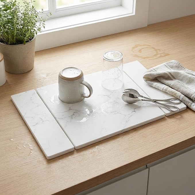 Selegna Collapsible Stone Drying Mat for Kitchen Counter – Tri-Panel Dish Drying Mat Made from Diatomaceous Earth | Quick Dry Diatomite Mat for Sink Countertop &amp Dishes (White)