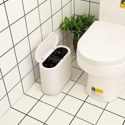 12L White Slim Bathroom Trash Can with Press Top Lid3.17 Gallon Pet/Dog Proof Kitchen Trash CanThin Garbage CanCovered WastebasketNarrow Small Plastic Trashcan for Craft RoomBedroomOfficeDorm
