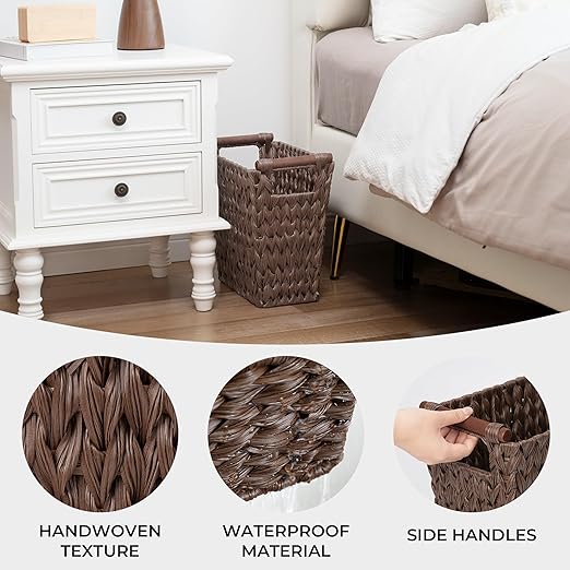 GRANNY SAYS Woven Trash Basket Brown Wastepaper Basket with Handles Wicker Bathroom Trash Can for Dorm Laundry Room 1-Pack 13 x 7 ½ x 12 ½