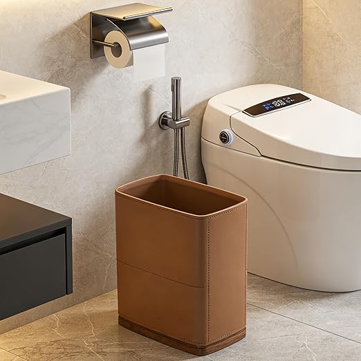 Polytree Bathroom Trash Can 1.8 Gallon(7 Liter) Small Kitchen Garbage CanDecor Wastebasket for Bedroom OfficeBrown （Resin-Imitated Leather Effect）