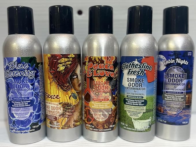 Smoke Odor Exterminator 198 gm/ 7 oz Large Spray Blue Serenity Set of Five Cans. Assortment (5) Includes Blue Serenity Fierce Peace &amp Love Cabin Nights and Clothesline Fresh.