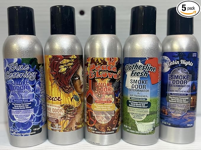Smoke Odor Exterminator 198 gm/ 7 oz Large Spray Blue Serenity Set of Five Cans. Assortment (5) Includes Blue Serenity Fierce Peace &amp Love Cabin Nights and Clothesline Fresh.