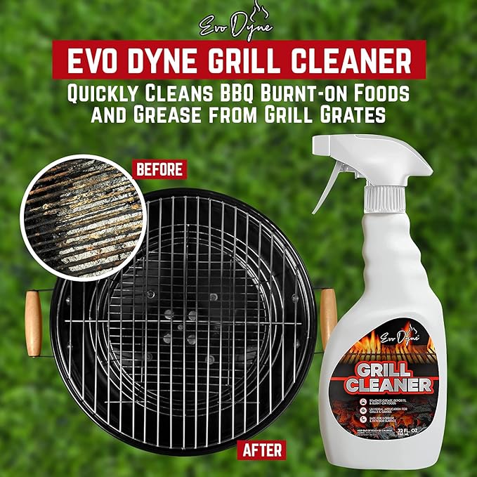 Evo Dyne Grill Cleaner Spray (32 oz) Made in USA - Quickly Cleans BBQ Burnt-on Foods and Grease from Grill Grates - Heavy Duty Fast-Acting Formula Less Scrubbing - Food Safe Grill &amp Oven Degrea