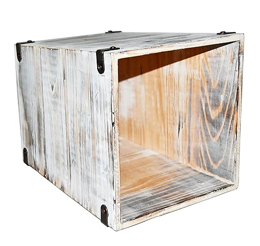 Owlgift Decorative Rustic Whitewashed Wood Trash Can Farmhouse Stylish Wooden Waste Basket Near Desk Square Garbage Cans Trashcan with Metal Brackets for Office Bedroom &amp Bathroom