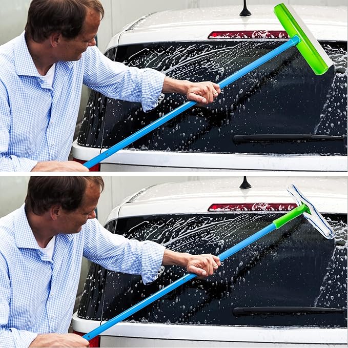 Forgrace Flexible Silicone Squeegee T-Bar Water Blade Microfiber Scrubber with Long Handle for Car Home Glass Professional Car Windshield Squeegee Window Cleaning Kit for Shower Glass Mirror Door Car