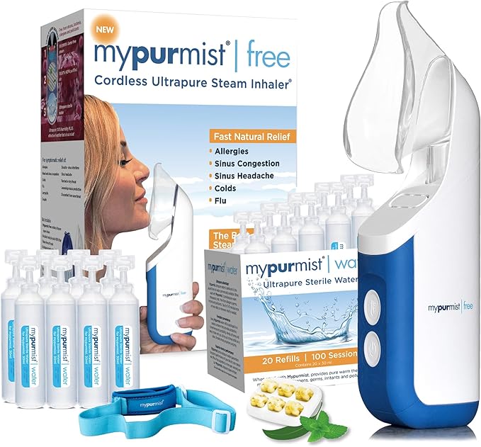 Mypurmist Free Premium Kit – Cordless Steam Inhaler with Water Refills ScentPad and Handsfree Strap – Personal Steamer Vaporizer Humidifier for Sinus Relief Nasal Congestion Cold