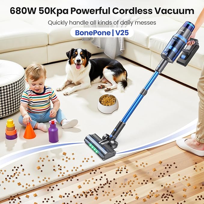 V25 Cordless Vacuum Cleaner 680W 60Kpa Powerful Stick Vacuum with Dust Sensor Digital Display 4000mAh Rechargeable Battery up to 60Mins Versatile for Pet Hair Floor Carpet (Navy)