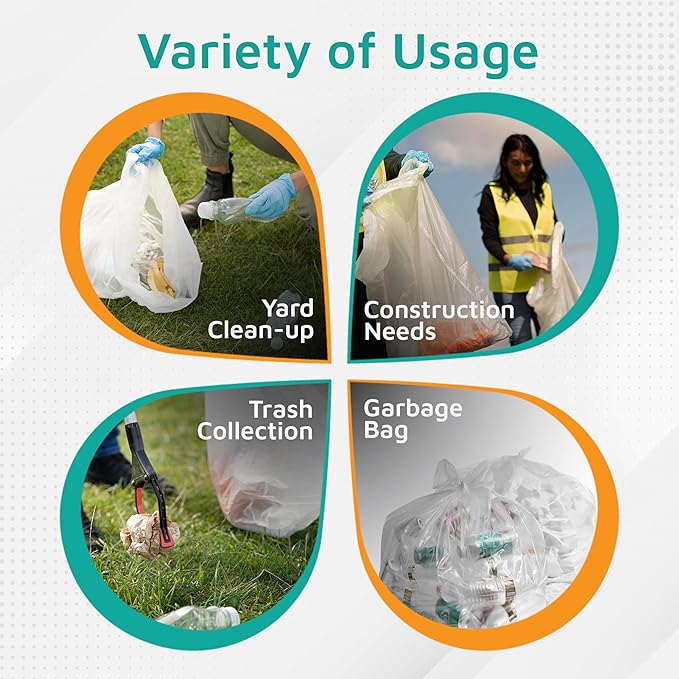 PlasticMill Contractor Bags Heavy Duty - Commercial Industrial Garbage Bags - Clear Construction Trash Bags - Outdoor Garden Trash Bags 100-Gallon 3 Mil 67x79 (10-Count)