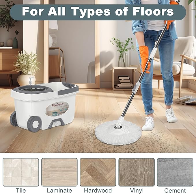 Mop and Bucket with Wringer SetSpin Mop and Bucket System Mops for Floor CleaningHousehold Supplies Tools with 6 Replacement Refills61 Extended Handle for Household Hardwood Floor - White