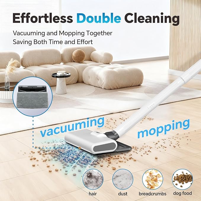 Cordless Vacuum Cleaner for Home Powerful Stick Vacuum Cleaner with LED Screen and 3-Speed Suction Rechargeable Vacuum Cordless Lightweight Handheld Vacuum for Hard Floors Carpets Pet Hair White