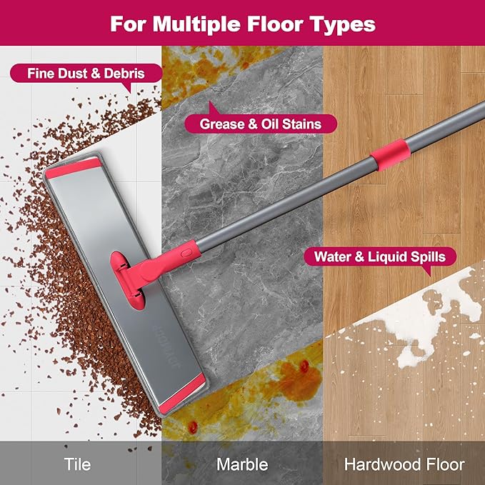 JOYMOOP 18 Inch Dust Mop for Hardwood Floors Heavy Duty Industrial Wet Dry Mops with Telescopic Handle Includes 3 Microfiber Mop Pads - Red-Grey