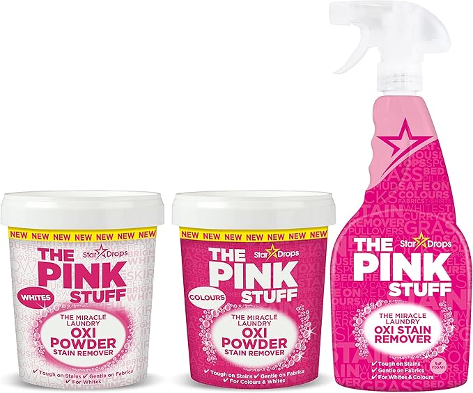 Stardrops - The Pink Stuff - The Miracle Laundry Stain Removing Kit - Oxi Powder Whites - Oxi Colors - Oxi Stain Spray (1 White's Powder 1 Color's Powder 1 Stain Remover) 3 Piece Set (PSLWCS)