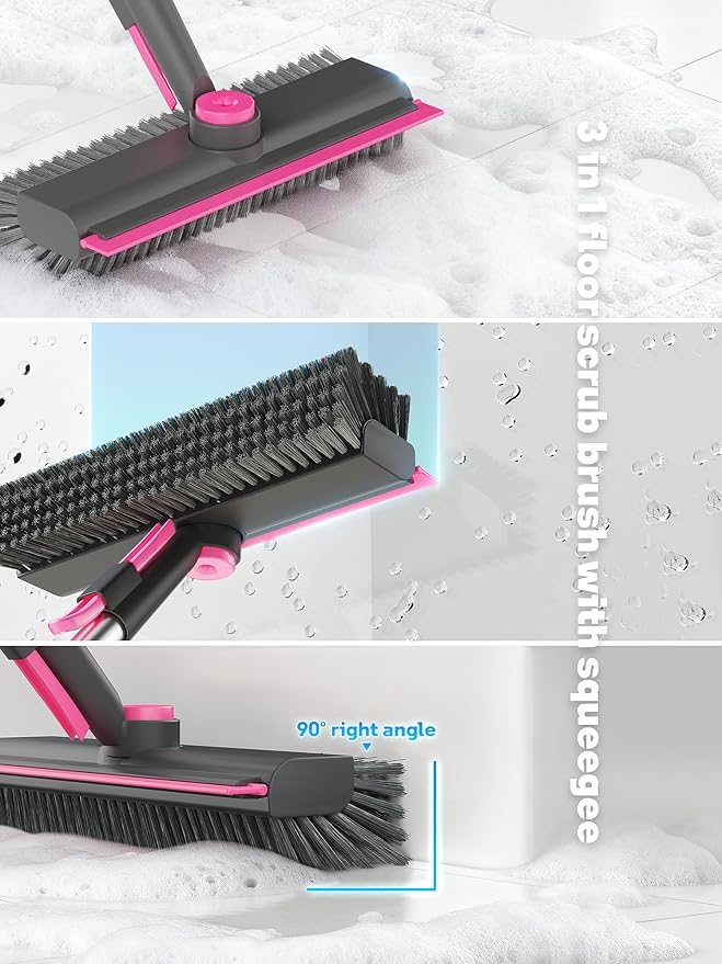 Floor Scrub Brush with Long Handle 3 in 1 Multi-angle Swivel Right Angled Bristle Floor Scrubber Brush with Squeegee and Tweezer for Tile Wall Deck Bathroom Patio Garage Kitchen (Pink and Grey)