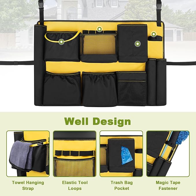 32-55 Gallon Trash Can Caddy Bag Garbage Bin Apron Caddy with Multiple Pockets for Cleaning Supplies Cleaning Tool Organizer with Adjustable Buckle for Janitorial Trash Can Black+Yellow
