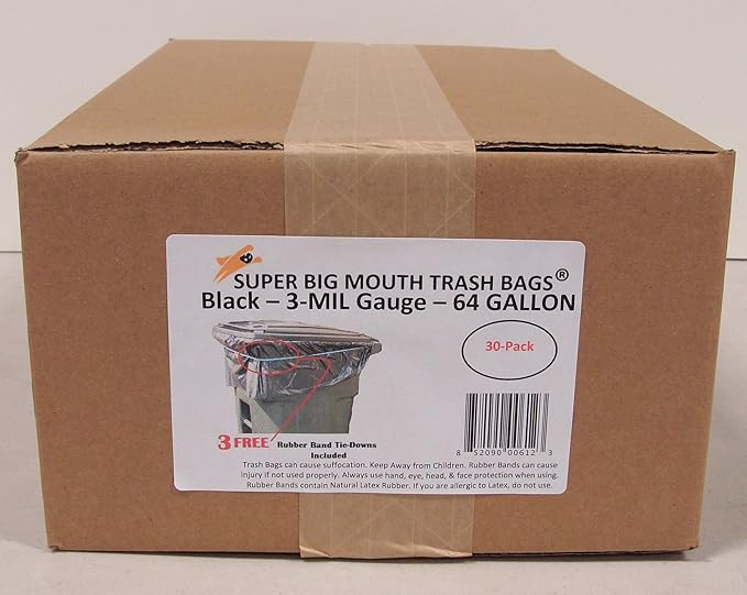 64 Gallon Super Big Mouth Trash Bags 30-Pack Plus 3 Free Rubber Tie Down Bands
