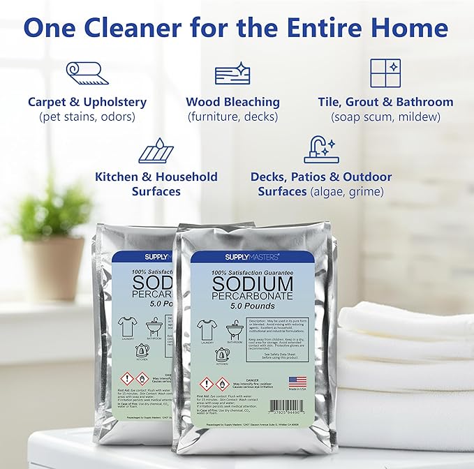 Sodium Percarbonate Powder 2 Pack (10 lbs Total) – Oxygen Bleach Alternative &amp Stain Remover – Multi-Purpose Cleaner for Laundry Carpets Tile Grout Decks Kitchens &amp Outdoor Areas