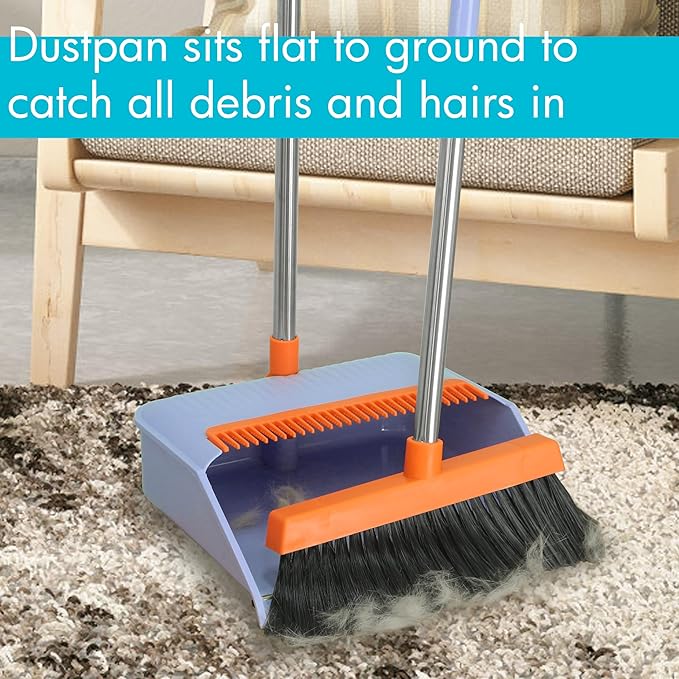 PHYEX 2-Pack Broom and Dustpan Set for Sweeping Indoor Broom Dustpan with 48 Long Handle Broom with Dustpan Combo Set(Purple)