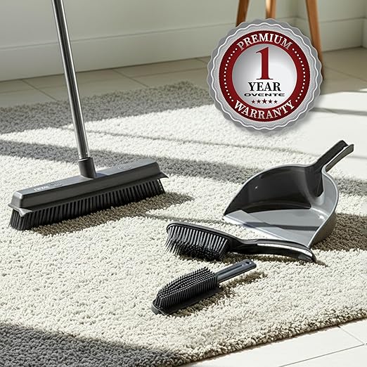 OVENTE Carpet Rake Rubber Broom for Pet Hair Removal with Squeegee Detailing Lint Fur Remover Brush Dustpan and 50” Handle Cleaning Tools Set for Rug Hardwood Floor Tile and Window Grey CT2504GY