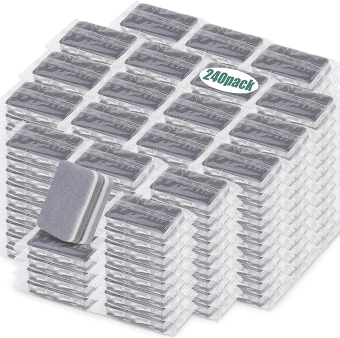 Tanlade 240 Pcs Individually Wrapped Sponge Dishwashing Sponge Bulk Non Scratch Scrub Sponges Kitchen Scouring Pad for Household Cleaning Rental Dishes Hotel Apartment Car (GrayWhite)