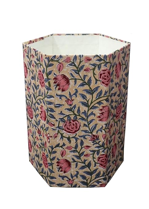 Generic Floral Hand Block Print Paper Dustbin Cotton Printed Wastebasket Indian Vintage Home Decor Hotel Room Decor (1 Golden Green)