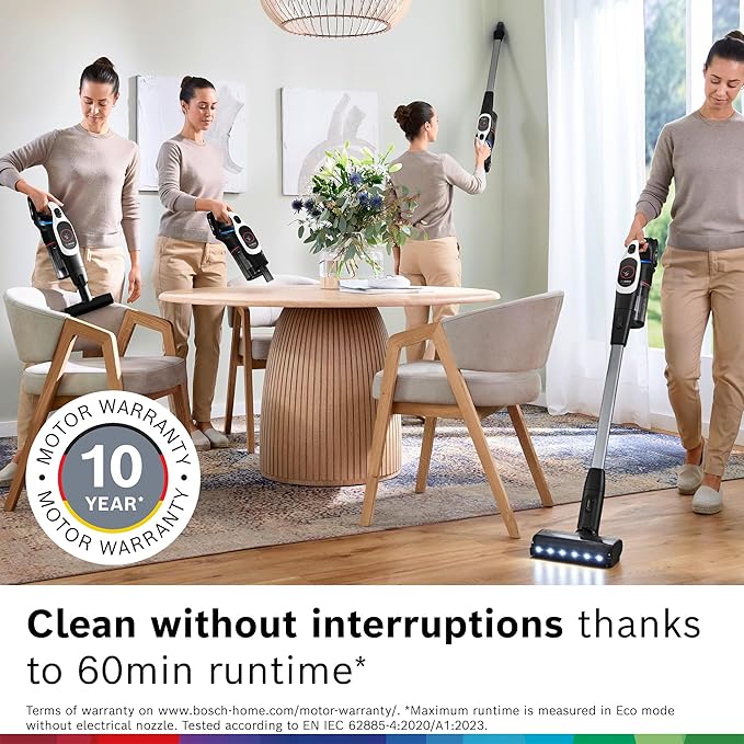 Bosch Unlimited 9 Cordless Stick Vacuum Cleaner - Up to 60 Min Battery Multi-Surface Vacuums Pet Hair Hard Floors and Carpets HEPA Filter MicroClean Brush 3 Accessories White