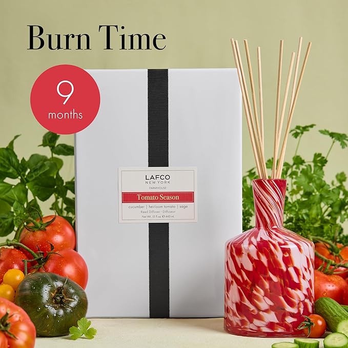 LAFCO New York Signature Reed Diffuser Tomato Season - 15 oz - Up to 9 Months Fragrance Life - Reusable Hand Blown Glass Vessel - Natural Wood Reeds - Made in The USA