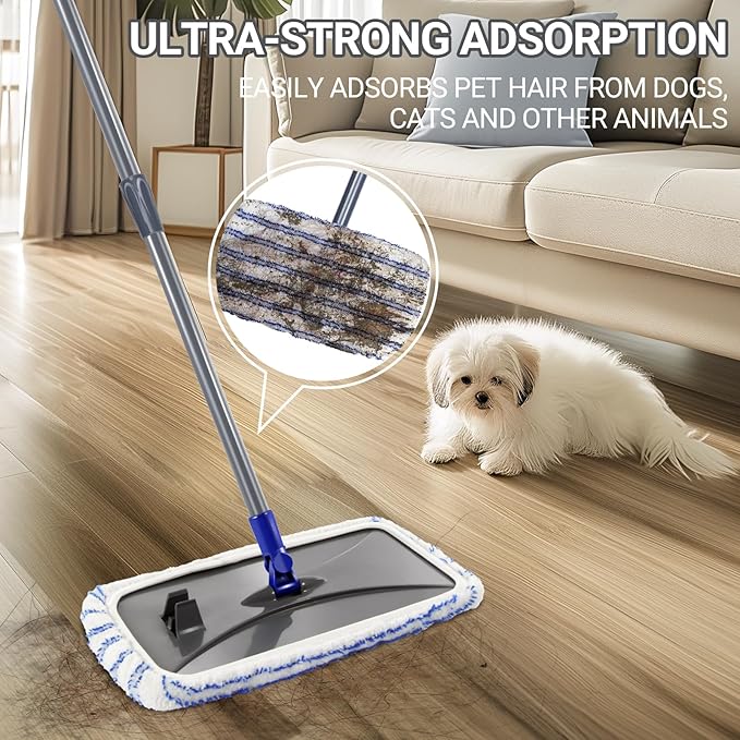 Masthome Extra Large Microfiber Mop for Floor Cleaning 16“ Flat Mop with 5 Pad for Wet &amp Dry Use Dust Mop for Hardwood Laminate Tile Ceramic 1 Cleaning Scraper Included-Blue