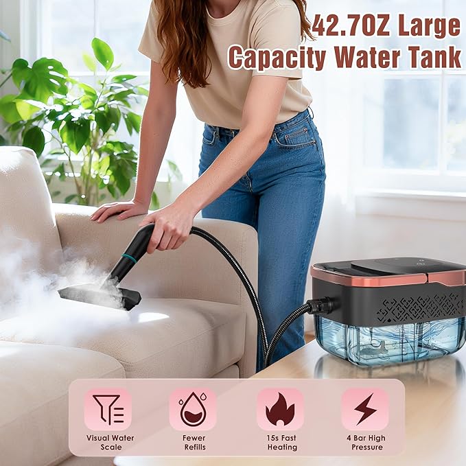 Steam Cleaner 4 Bar High Pressure Steamer with 6-Level Adjustable 15s Heat-Up 42.7oz Large Tank 7ft Extended Hose 18 pcs Accessories Portable Steam Cleaner for Home Car Tile Grout Grease