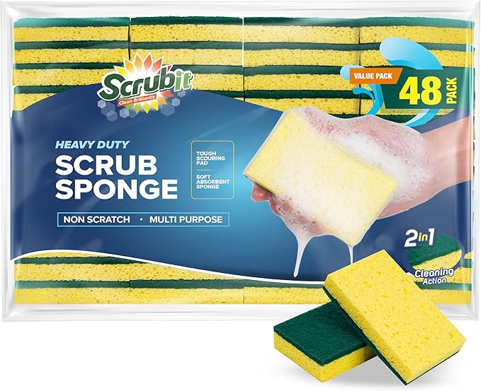 SCRUBIT 48 Pack Heavy Duty Scrub Sponges - Dishwashing Sponge Along with A Tough Scouring Pad - Dual Sided Dish Sponge Ideal for Cleaning Kitchen Dishes Bathroom - Yellow - Bulk sponges
