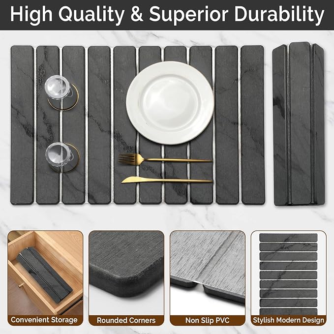 Large Stone Dish Drying Mat for Kitchen Counter Quick Dry Stone Dishes Mats Foldable Water Absorbing Diatomaceous Drying Pad for Countertop Bottles Utensils Cups Bathroom (Dark Gray 24x16)