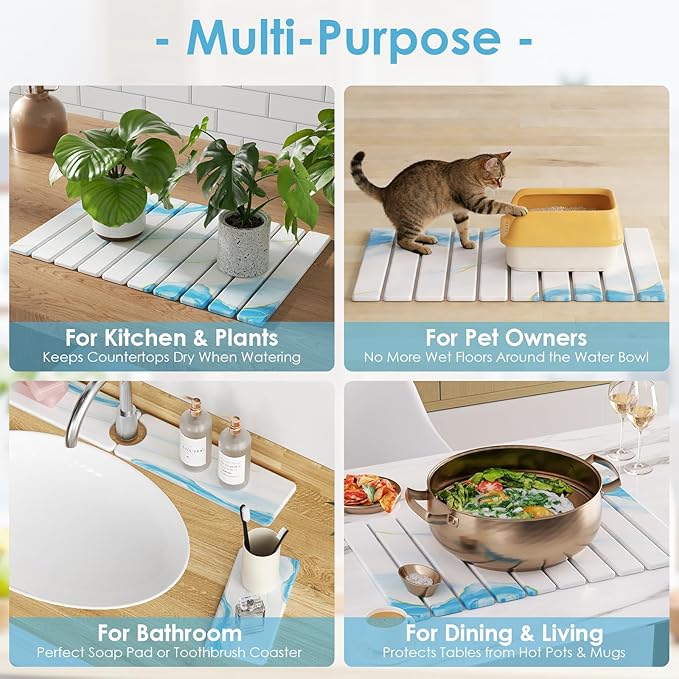 Stone Dish Drying Mat for Kitchen Counter 4-Piece Set with Diatomaceous Earth Dish Drying Mat Stone Faucet Mat and Small Drying Mat Super Absorbent Quick Dry for Dishes Cups Bottles