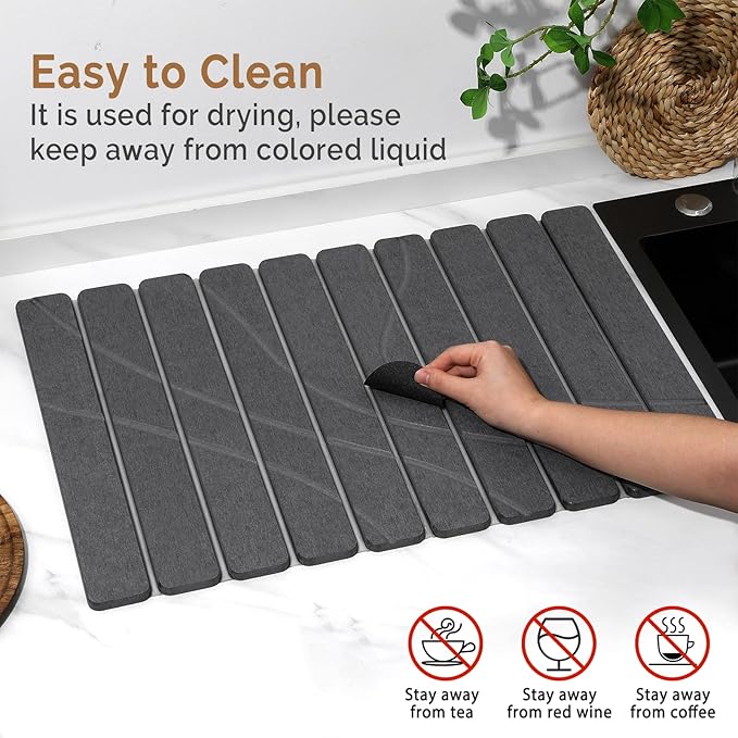 Large Stone Dish Drying Mat for Kitchen Counter2 PCS Quick Dry Stone MatsFoldable Water Absorbing Diatomaceous Drying Pad for Countertop Bottles Utensils Cups (Flow Line Dark Gray 24x16 &amp 8x4