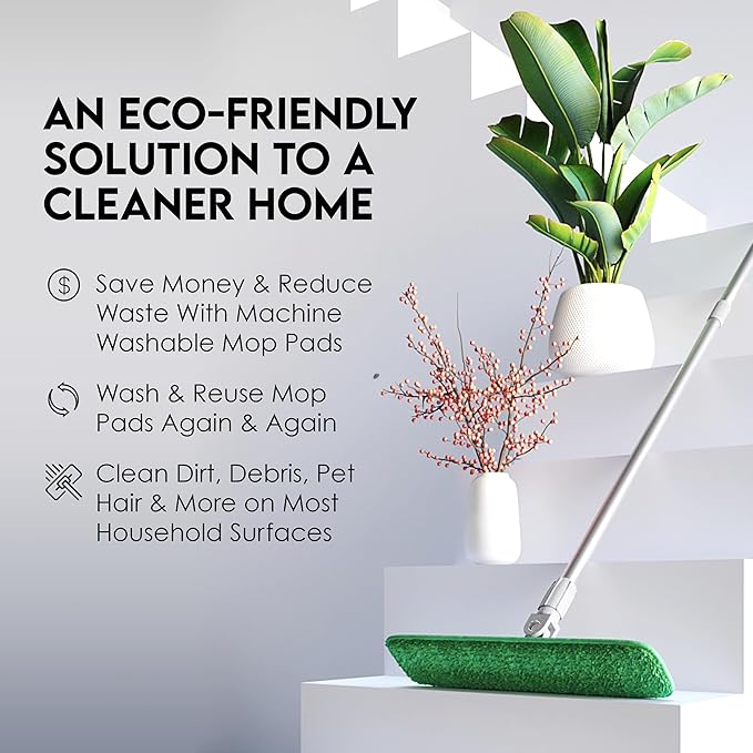 Turbo Microfiber Mop Floor Cleaning System - 18-inch Dust Mop with 4 Reusable Pads for Hardwood and Tile 360-Spin Floor Mop Head &amp Extendable Handle - Household Cleaning Tools