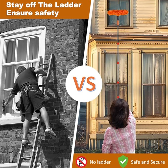 20 ft+ Reach Squeegee Window Cleaner Duster 2 in 1 Rotatable Window Cleaning Tool Kit with 3-14 ft Extension Pole Window Washing Equipment for Indoor Outdoor Window Car Glass - 3 Pads