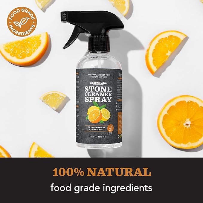 CLARK'S Natural Stone Spray Cleaner with Microfiber Cloth for Soapstone Granite Quartz Marble &amp other Countertop Surfaces – Pure Ingredients to Keep Stone Protected Citrus Oil Extracts 12oz