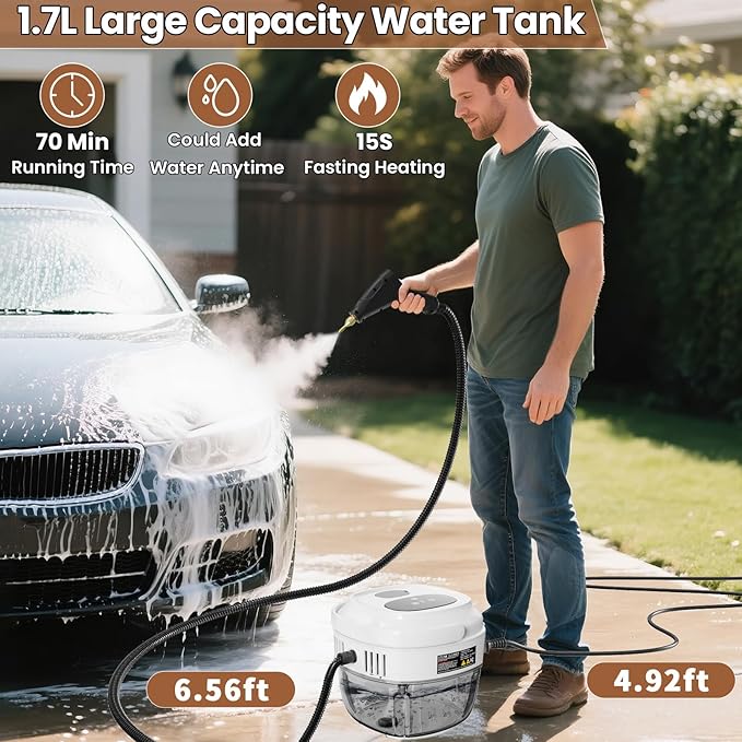Handheld Steam Cleaner 2500W High Temperature Pressurized Machine 1.7L Water Tank Handle-Controlled Steam Output Portable Cleaning Steamer for Home Car Bed Bugs Furniture Grout (White 1.7)